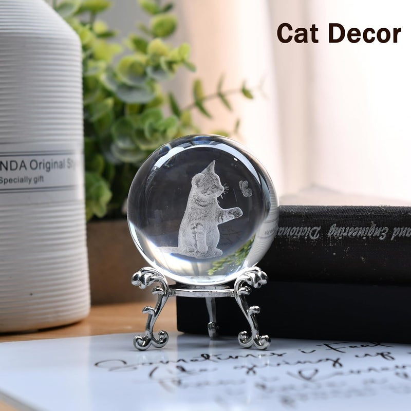 IFOLAINA 3D Cat Themed Gifts for Women 3D Crystal Ball Cat Related Sympathy Figurines Presents Kitty Decorative Globe Decor with Stand - Image 3